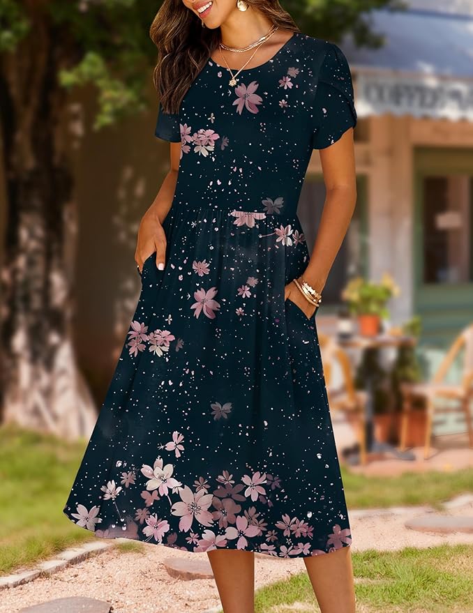 HOTOUCH Women's Summer A-Line Midi Dresses 2026 Casual Floral Short Sleeve T-Shirt Dress Flowy Beach Sundress with Pockets