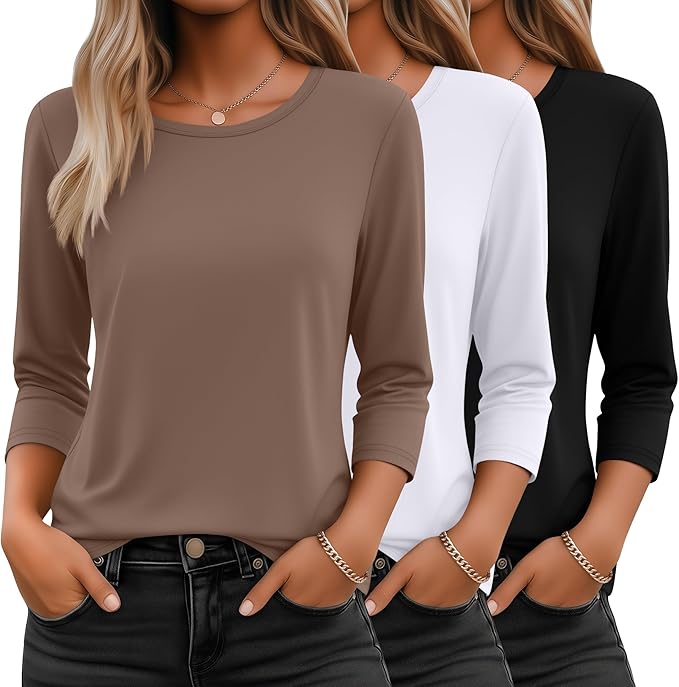 Ficerd 3 Pack 3/4 Sleeve Tops for Women Round Neck Dressy Basics Tees Casual Trendy Loose Fit T Shirts