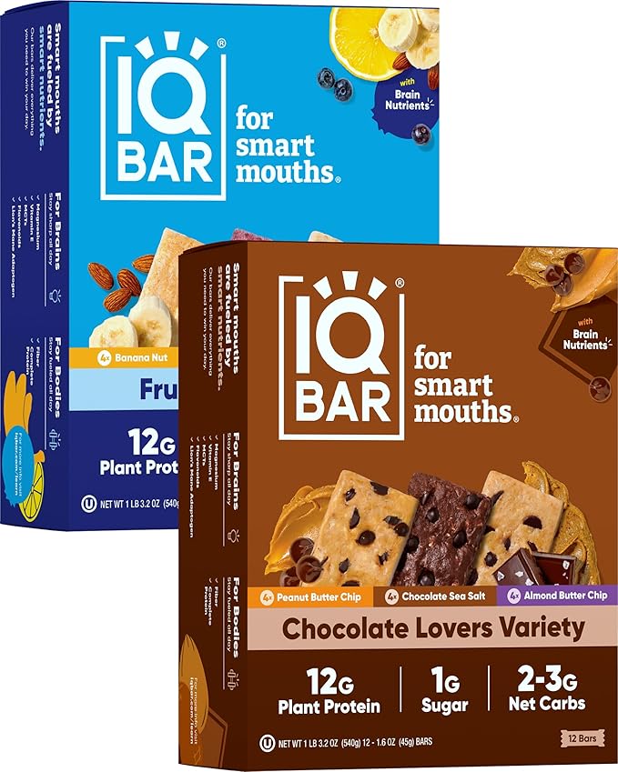 IQBAR Brain and Body Plant Protein Bars - Chocolate & Fruit Variety - 24-Count - Keto, Vegan, Low Carb, High Fiber, Gluten Free, Dairy Free, Low Sugar Snack with Nutrients for Focus, Energy, Meal Replacement