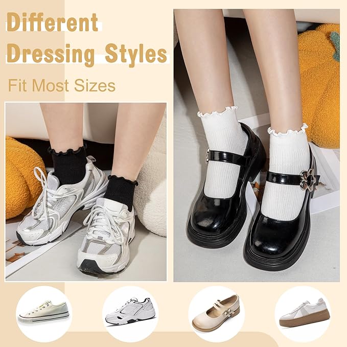 Justay 8 Pairs Ruffle Socks Woman Cute Frilly Soft Cotton Crew Ankle Socks for Women Gifts
