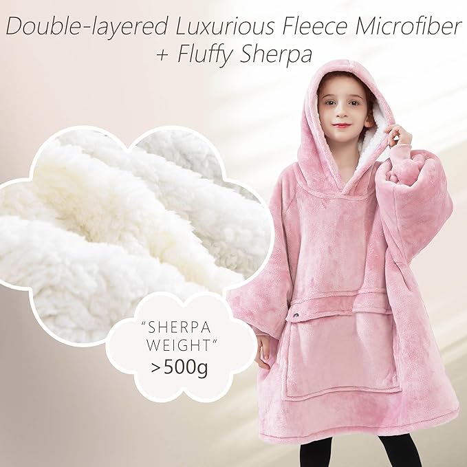 KFUBUO Wearable Blanket Hoodie for Kids Sherpa Patterns Oversized Sweatshirt Blanket With Pocket 6-10 Year Old Girls&Boys Birthday Gifts Pink