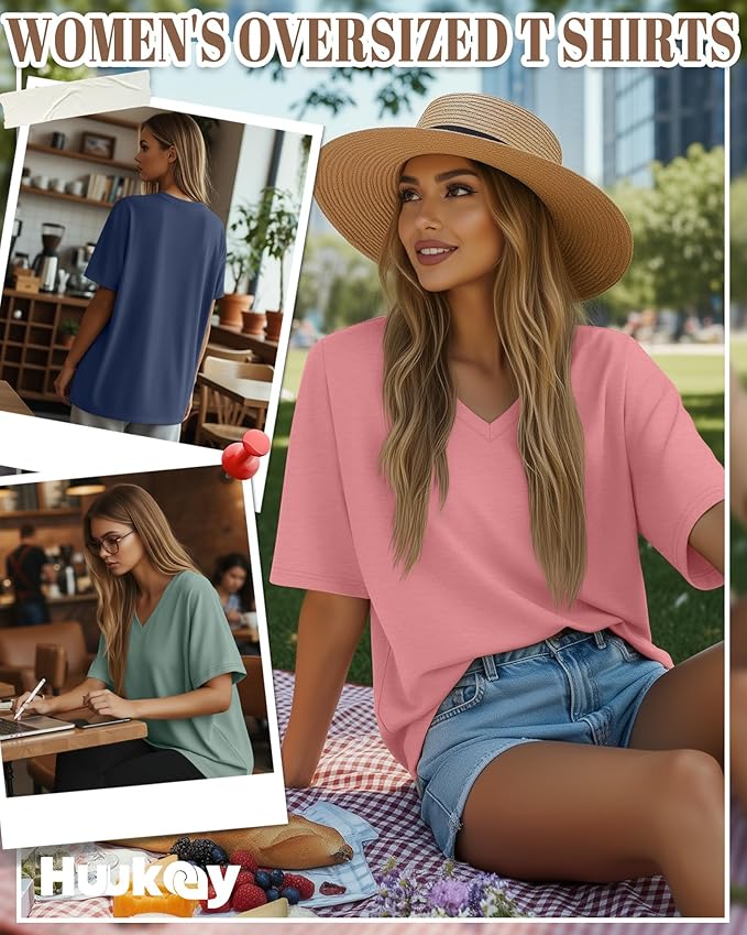 Huukeay Women's Cotton Oversized T Shirts 3 Pack V Neck Loose Fit Half Sleeve Tops Baggy Casual Summer Gym Workout Tees 2026