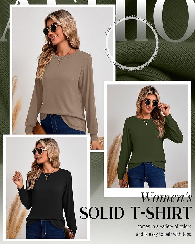 Ficerd 3 Pack Women's Long Sleeve Shirts, Cotton Crew Neck Tunic Tops Casual Loose Fit Pullover Sweatshirts Curved Hem Shirts