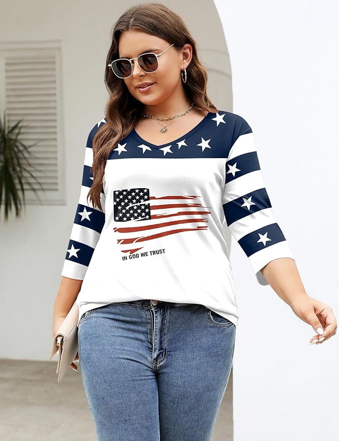 TFSDOD Womens Plus Size Tops V Neck T Shirts 3/4 Sleeve Blouse Summer Casual Tees XL-5X