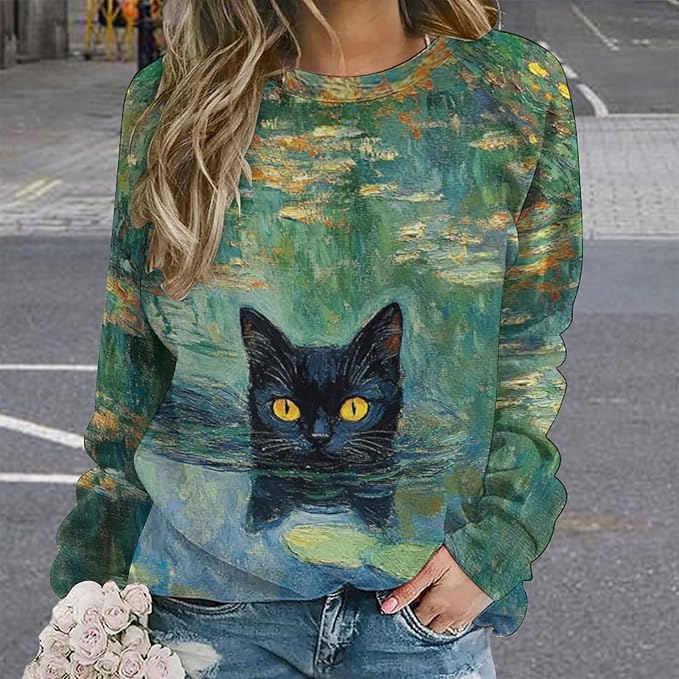 Spatofa Womens novelty funny cat printed crewneck sweatshirt casual loose long sleeve graphic pullover sweatshirts tops