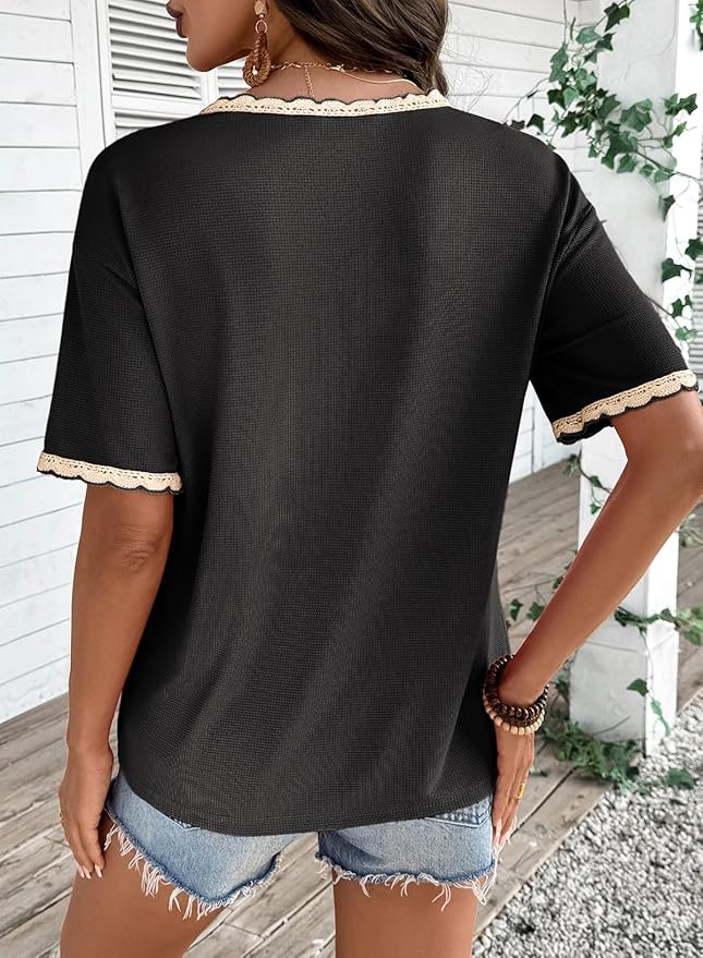 Dokotoo Womens Summer Tops Casual Short Sleeve Lace T-Shirts Solid V Neck Waffle Knit Shirts Blouses