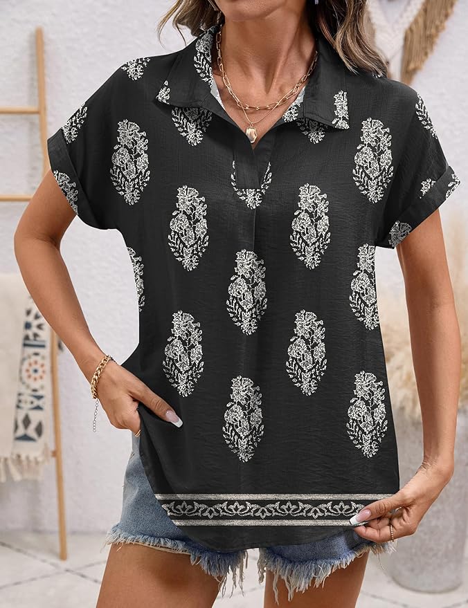 LOMON Women Blouses Spring Summer Tops for Women 2026 Short Sleeve V Neck Dressy Casual Collared Shirts Work Office