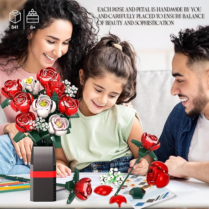 KOJAYHOL Roses Flower Bouquet Building Kit for Adults, Kids, 841PCS DIY Flowers Bouquet Building Set with Vase, Roses Artificial Flowers Building Set, Gifts Ideas for Anniversaries, Birthday, Wedding