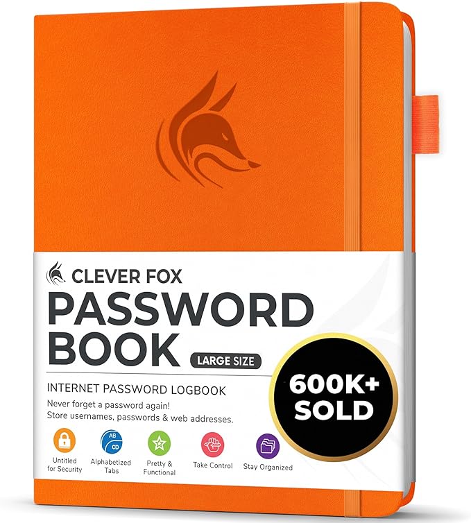 Clever Fox Password Book with alphabetical tabs. Internet Address Organizer Logbook. Large Password Keeper for Website Logins (Orange)