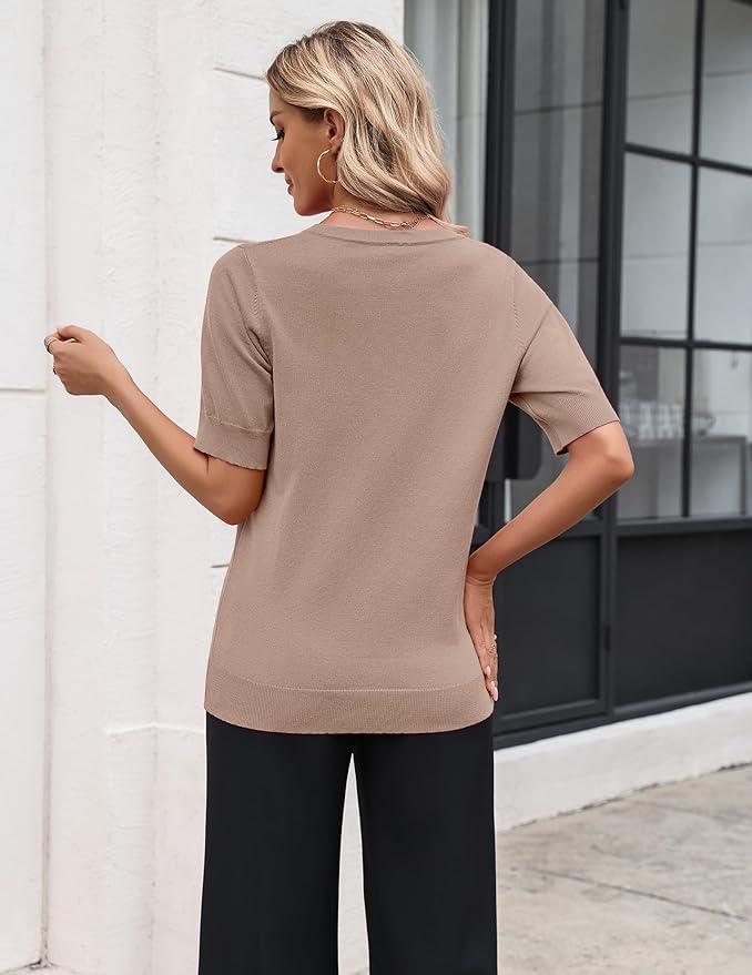 Zeagoo Women's Short Sleeve Sweater 2026 Spring Summer Tops Lightweight Casual V Neck Sweaters Dressy Work Blouses Clothes