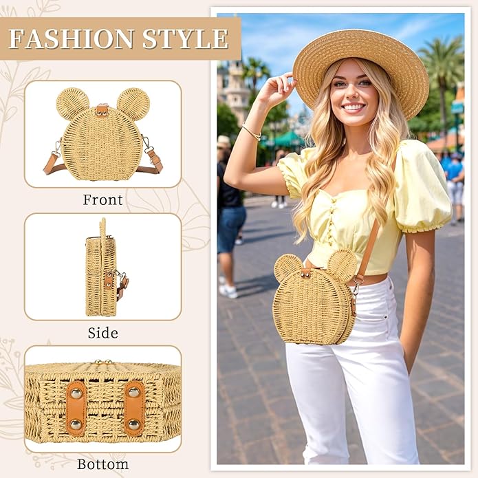 Round Rattan Straw Bag Purse for Women Handmade Cute Mouse Ear Wicker Woven Purse Crossbody Shoulder Bag Handbag