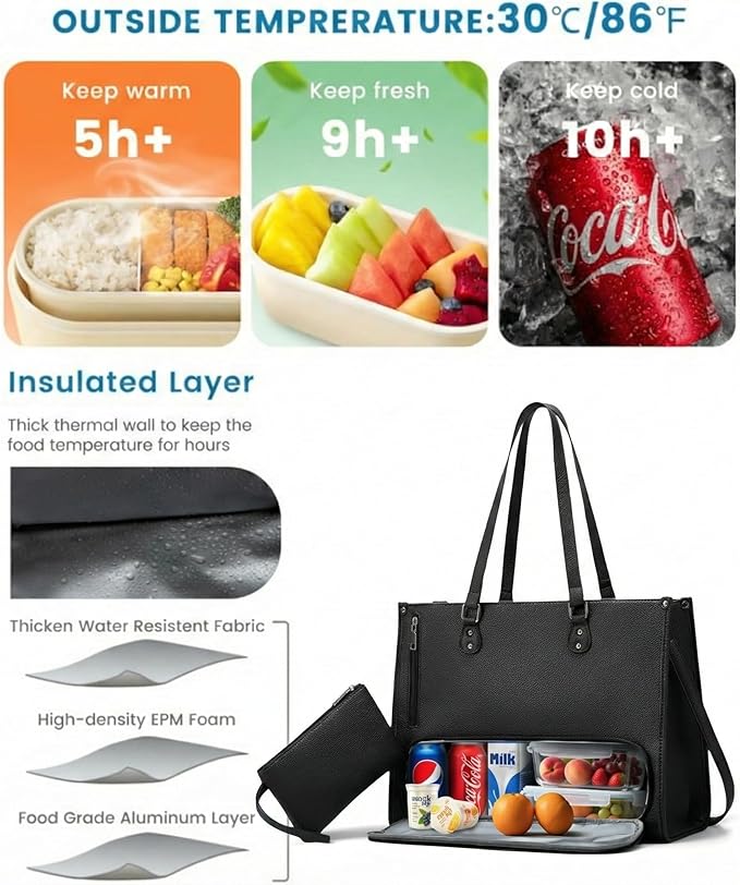 Women's Lunch Tote Bag with Insulated Cooler Compartment, 2-in-1 Large Work Shoulder Bag with Matching Clutch, PU Leather Meal Prep Handbag for Office, Teacher & Nurse - Black