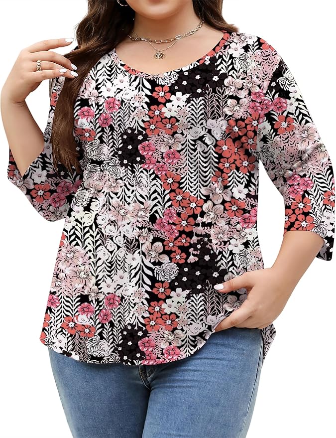 TFSDOD Womens Plus Size Tops V Neck T Shirts 3/4 Sleeve Blouse Summer Casual Tees XL-5X