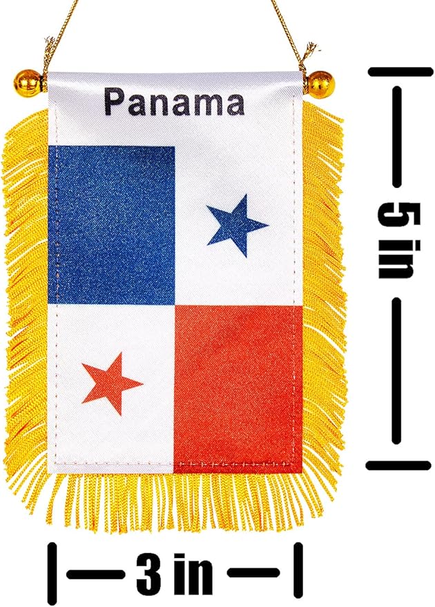 ZXvZYT 3 X 5 Inch Panama Window Hanging Flag Panamanian Small Mini Car Flags Banners Rearview Mirror Decoration - with Suction Cup & Golden Fringy Banner(2 Pack)
