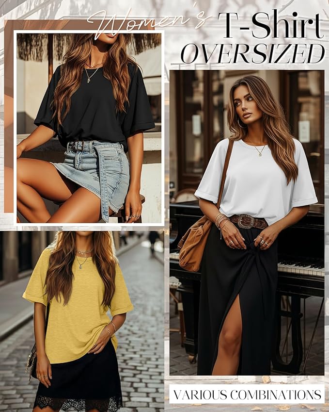 Riyiper 3 Pack Women's Oversized T-Shirt Half Sleeve Summer Tees Casual Loose Fit Crew Neck Basic Tops