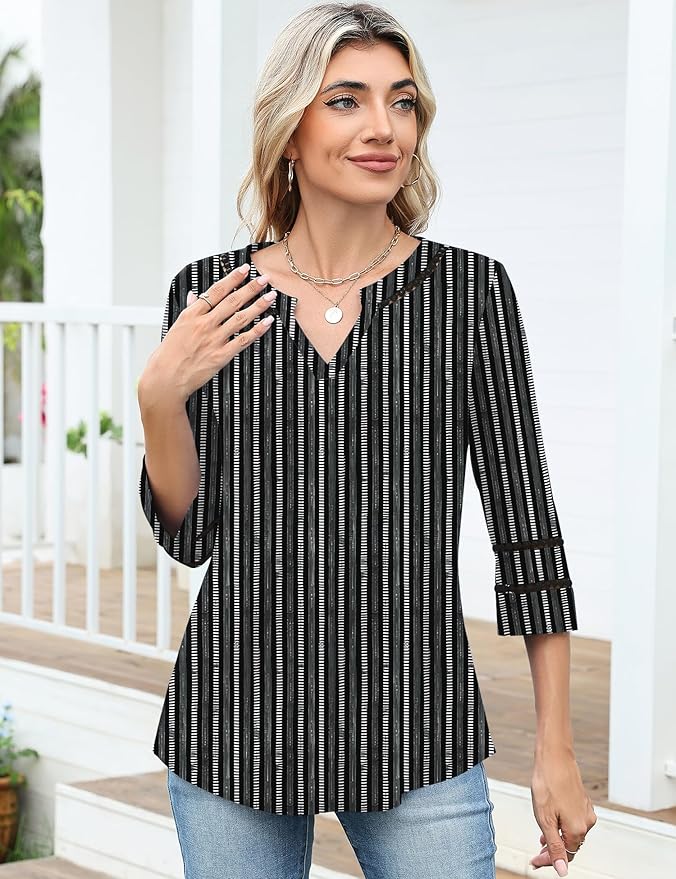 Ivicoer 3/4 Length Sleeve Womens Tops V Neck Lace Embroidered Summer Blouses Loose Fit Tunic Dressy Casual