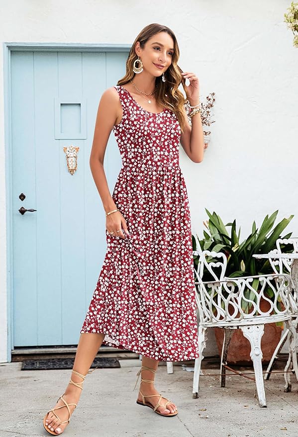 WNEEDU Women's Summer Maxi Dress 2026 Casual Sleeveless Hawaiian Sundress Tropical Long Dress Beach Vacation Outfit