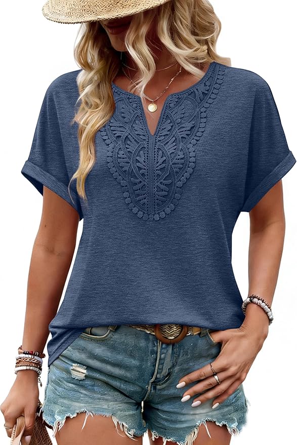 Sipaya Womens Blouses Dressy Casual Summer Shirts Short Sleeve Lace Front Boho Tunic Tops for Leggings Fashion Clothes