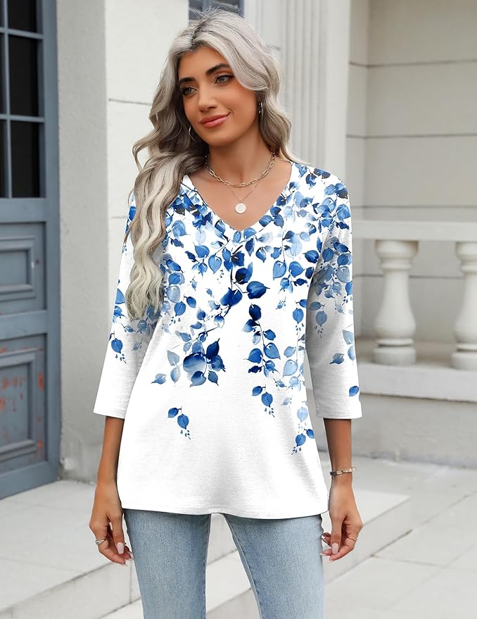 Zeagoo 3/4 Length Sleeve Womens Tops Casual V Neck Shirts Soft Basic Tees Business Work Blouses