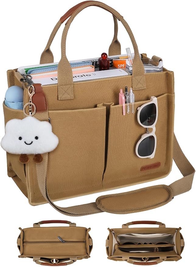 BESBESME Canvas Tote Bag for Women with Zipper & Compartments– Large Work & College Laptop Tote Crossbody Shoulder Bag