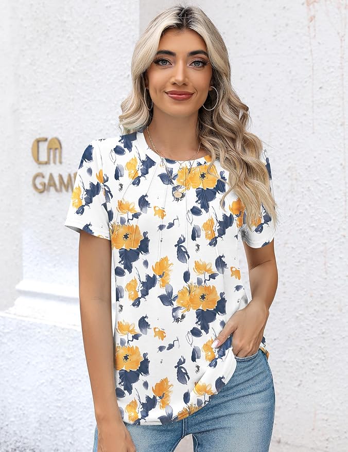 Kistore Womens Casual Crew Neck Short Sleeve Pleated Tops Blouses Fashion Clothes 2026