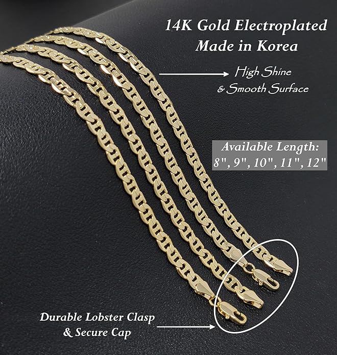 BA UNIQUE FASHION Gold Electroplated Anklet for Women, 9-12 Inch Sizes, Figaro, Cuban, Mariner, Herringbone Design - Made in Korea