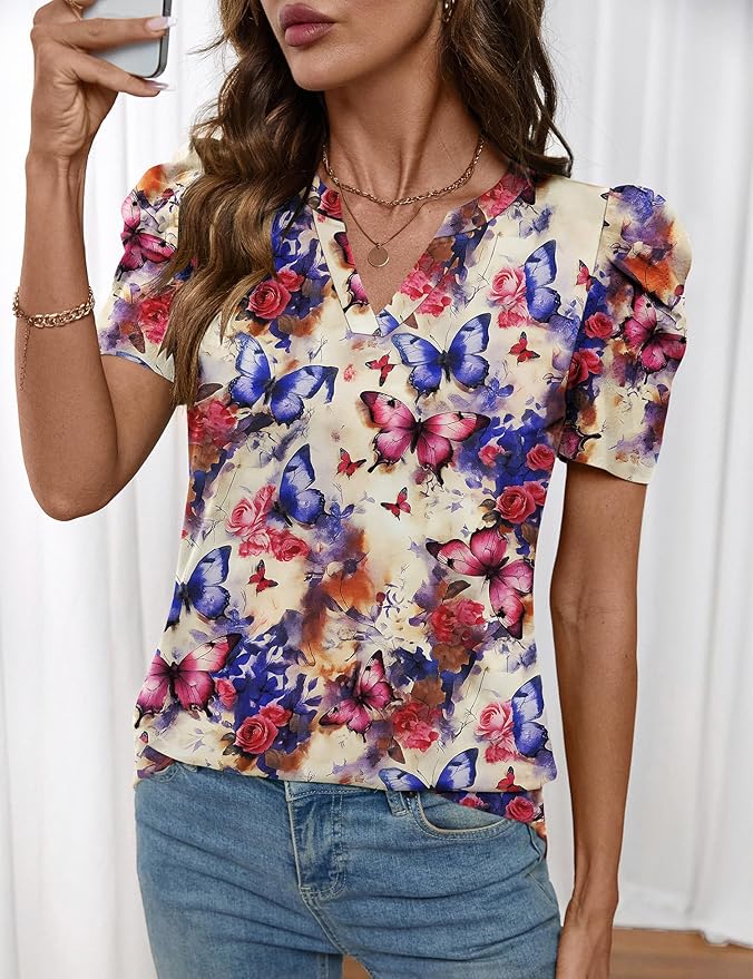 Lomon Spring Summer Tops for Women 2026 V Neck Puff Short Sleeve Tops Fashion Trendy Work Blouses Dressy Casual S-XXL