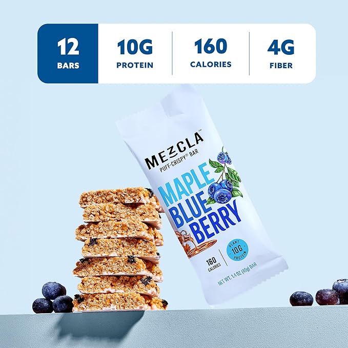 Mezcla Puff Crispy Protein Bars, Gluten Free & Vegan Protein Bars, 10g Protein, Alt for Crispy Rice Treat, Granola Bars & Breakfast Bars, Healthy Snacks for Adults, Maple Blueberry, 12 Pack