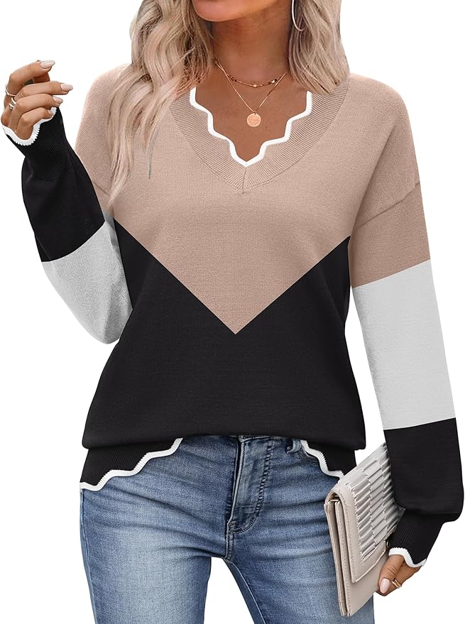Zeagoo Women's 2026 Fall V Neck Sweater Casual Long Sleeve Lightweight Ribbed Knit Pullover Sweaters Dressy Casual Tops