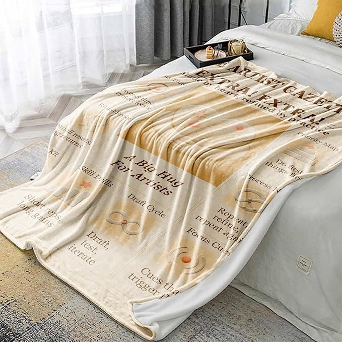 Artist Blanket 60x50 Flannel Fleece, Retro Editorial Newspaper-Style Motivational Throw, Studio & Home Decor, Creative Gift for Creators, Women, Art Teachers, Couch/Bed