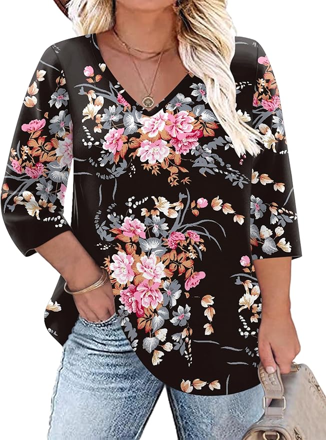 TFSDOD Womens Plus Size Tops V Neck T Shirts 3/4 Sleeve Blouse Summer Casual Tees XL-5X