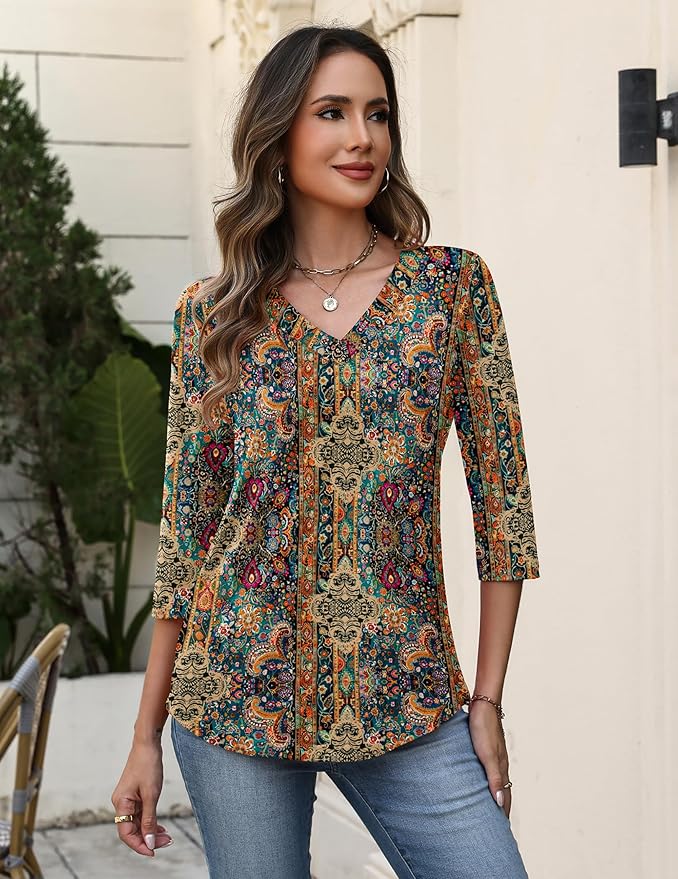 Zeagoo 3/4 Length Sleeve Womens Tops V Neck Shirt Dressy Casual Blouse Basic Tshirts 2026 Fashion Clothing S-2XL