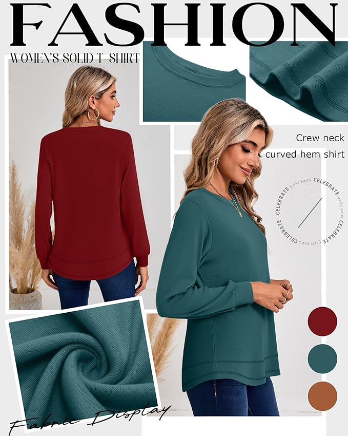 Ficerd 3 Pack Women's Long Sleeve Shirts, Cotton Crew Neck Tunic Tops Casual Loose Fit Pullover Sweatshirts Curved Hem Shirts