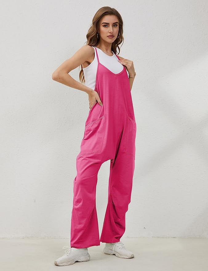 Lentta Women's Causal Jumpsuits V Neck Sleeveless Harem Overalls Stretchy Adjustable Strap Romper with Pockets