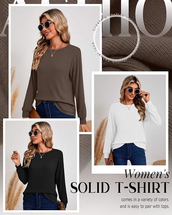 Ficerd 3 Pack Women's Long Sleeve Shirts, Cotton Crew Neck Tunic Tops Casual Loose Fit Pullover Sweatshirts Curved Hem Shirts