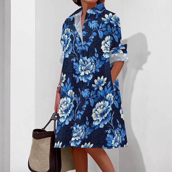 Shirt Dresses for Women 2025 Summer Long Sleeve Casual Plus Size Floral Printed Beach Vacation Dress with Pockets