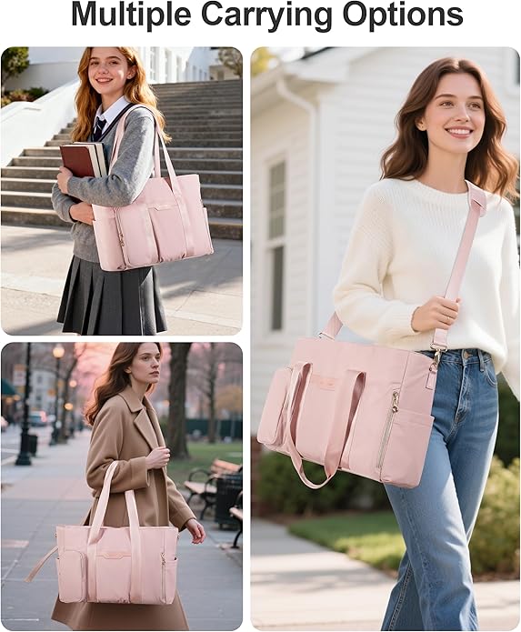 Teacher Tote Bag for Work with 10 Pockets, 15.6" Laptop Water-Resistant Bag with Crossbody Strap for Women, College