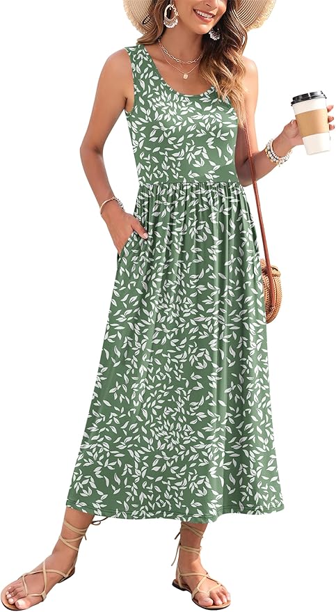 WNEEDU Women's Summer Maxi Dress 2026 Casual Sleeveless Hawaiian Sundress Tropical Long Dress Beach Vacation Outfit