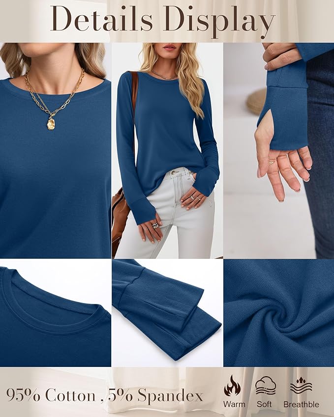 Huukeay 3 Pack Women's Long Sleeve Shirts with Thumb Holes, Cotton Casual Crew Neck Tunic Tops Fall Loose Y2k Trendy Outfits