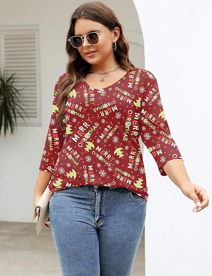 TFSDOD Womens Plus Size Tops V Neck T Shirts 3/4 Sleeve Blouse Summer Casual Tees XL-5X