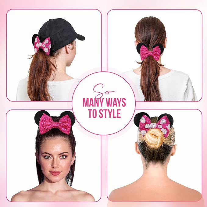 Styla Hair 2pk Mouse Ear Scrunchies for Kids Velvet Hair Bow Scrunchies for Women - Sparkle Sequins Mouse Hair Bands for Mickey Ears (Hot Pink)