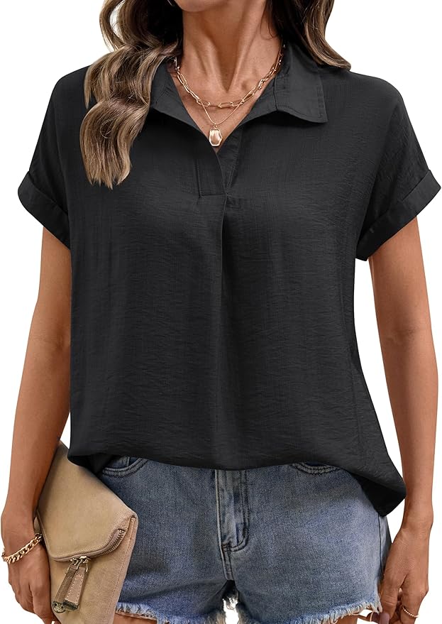 LOMON Women Blouses Spring Summer Tops for Women 2026 Short Sleeve V Neck Dressy Casual Collared Shirts Work Office