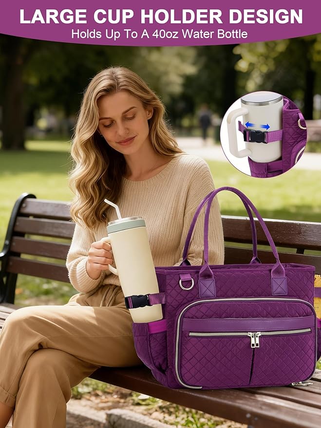 FIORETTO Teacher Tote Bag for Women with Laptop Compartment, Large Cup Holder, Zip Closure, Ideal for Work, Bible, Nurse