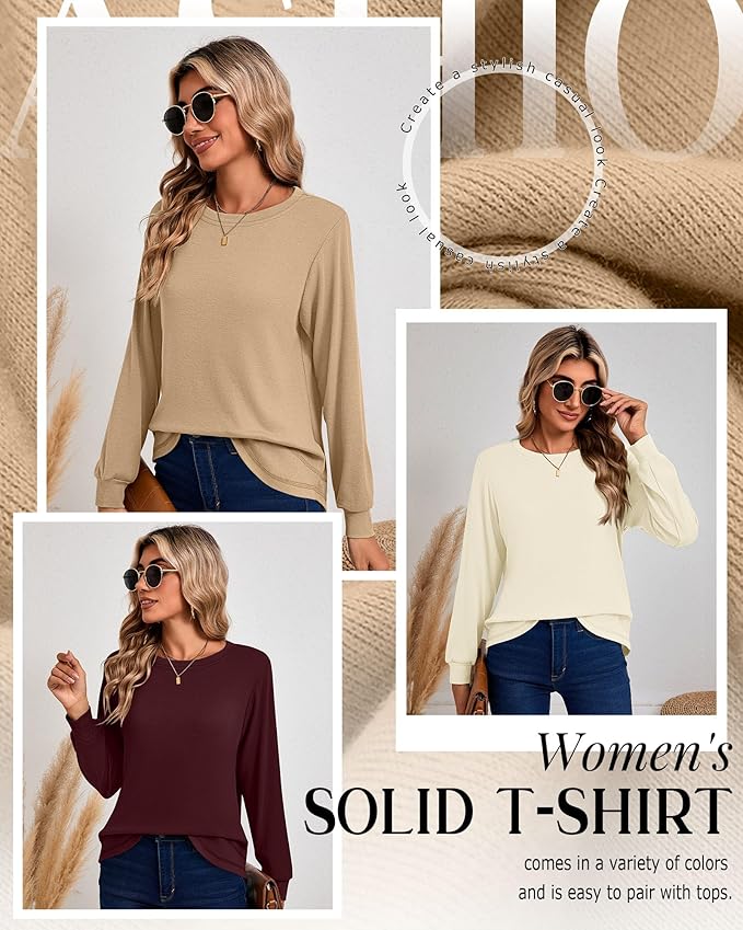 Ficerd 3 Pack Women's Long Sleeve Shirts, Cotton Crew Neck Tunic Tops Casual Loose Fit Pullover Sweatshirts Curved Hem Shirts