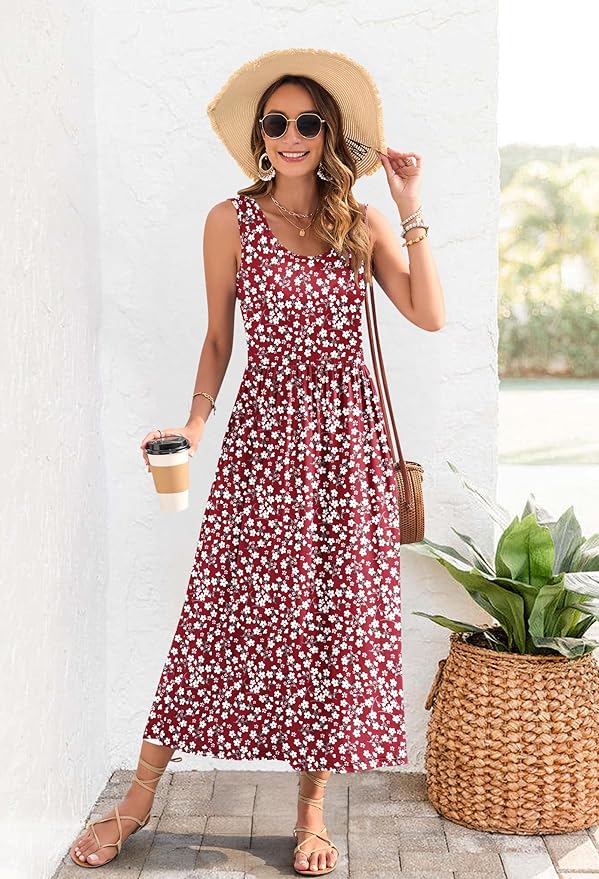 WNEEDU Women's Summer Maxi Dress 2026 Casual Sleeveless Hawaiian Sundress Tropical Long Dress Beach Vacation Outfit