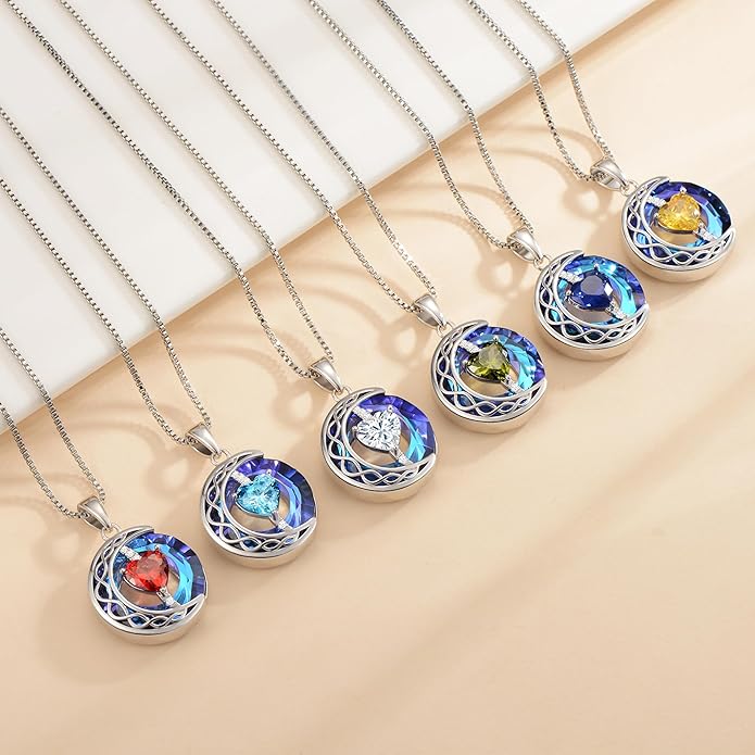 LIANYU Necklace for Womens Blue Sapphire Necklace Moon Pendant S925 Sterling Silver Crystal Jewelry for Women Pendant Birthday Gifts for Wife Gifts Valentine Anniversary