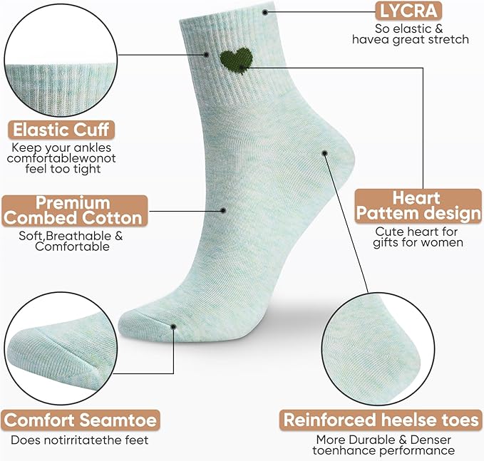 Corlap Women's Cute Cotton Crew Athletic Running Socks - Ankle High, Novelty Fun Heart Design 5-Pairs (Gift Box)