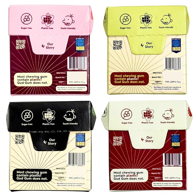 GUDGUM Natural & Sugar-Free Chewing Gum – Plastic-Free, Biodegradable, Vegan (Pack of 4, Assorted)
