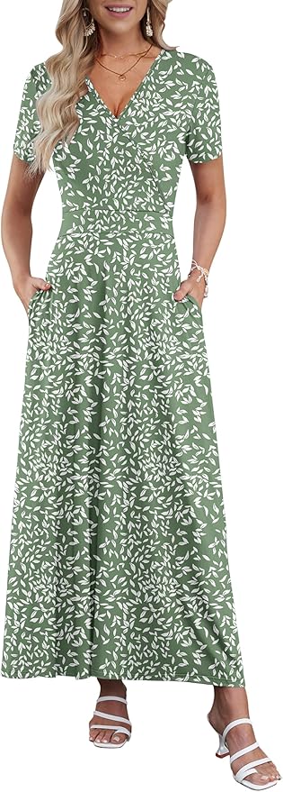 AUSELILY Maxi Dresses for Women Ankle Length Floral Print Beach Long Flowy Dress with Pockets