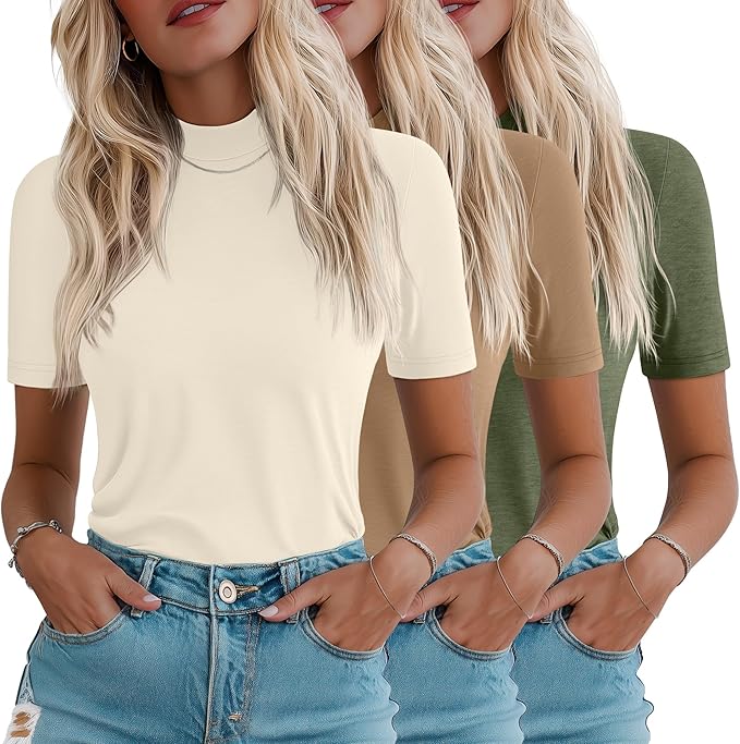 Ficerd 3 Pack Women's 1/2 Sleeve Mock Turtleneck Shirts, Elbow Length Shirt Half Sleeve Tunic Top Casual Summer Basic Tees